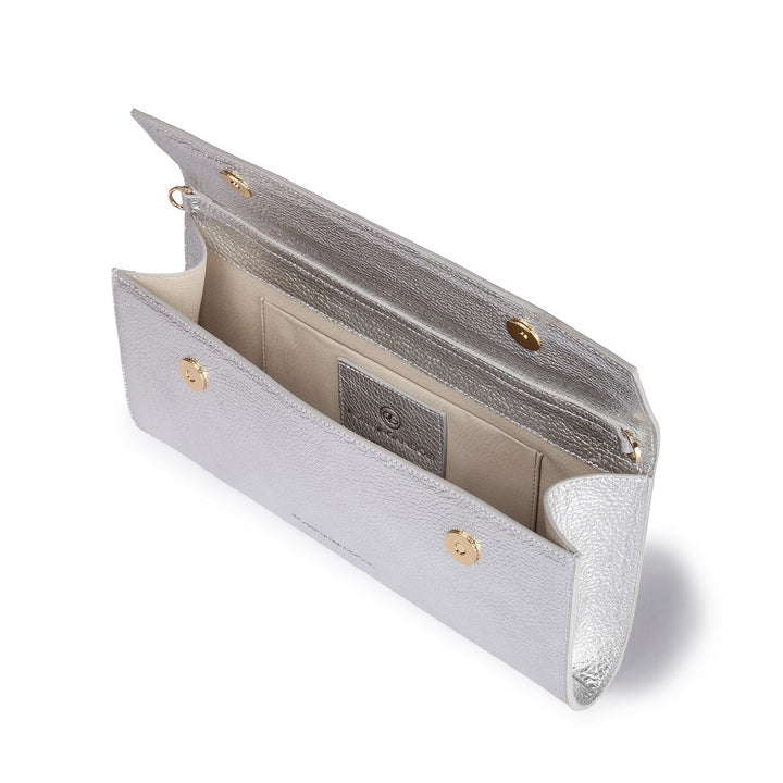 Roberta Gandolfi Julia Boule cluch in pelle metalizzata e manico gioiello con tracolla staccabile e regolabile Limitato a 3 giorni