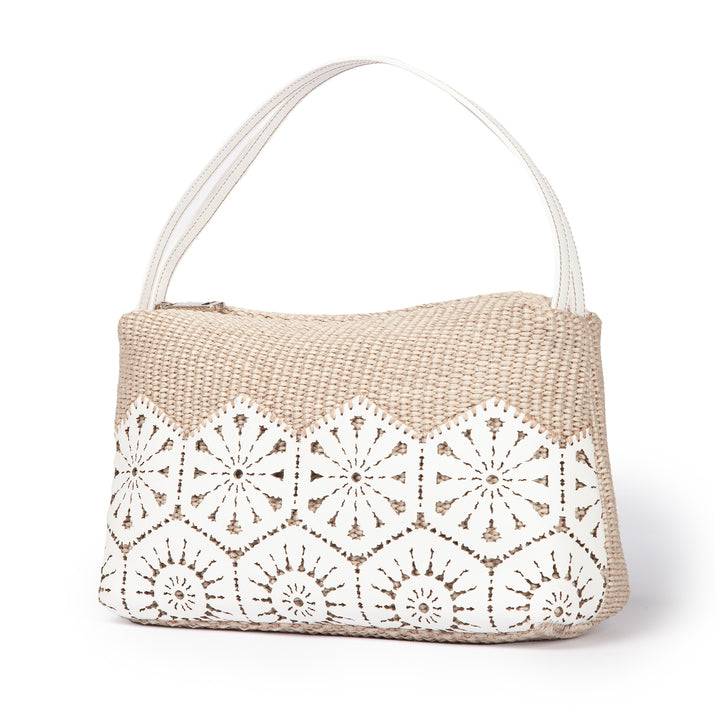 Roberta Gandolfi Giulia baguette in rafia e pelle il pannello tagliato al laser è interamente cucito a mano Pezzi Unici