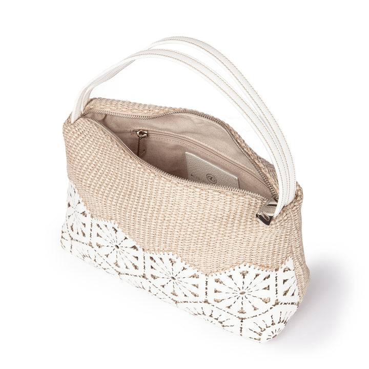 Roberta Gandolfi Giulia baguette in rafia e pelle il pannello tagliato al laser è interamente cucito a mano Pezzi Unici