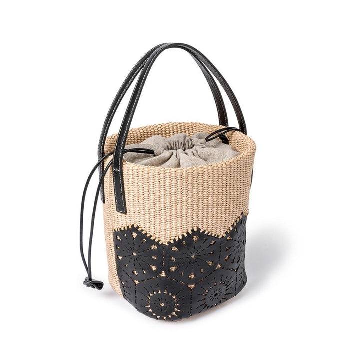 Roberta Gandolfi Giulia Bucket in rafia e pelle il pannello tagliato al laser è interamente cucito a mano con tracolla staccabile Acquista Ora