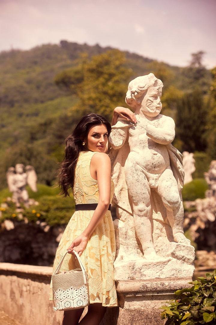 Roberta Gandolfi Giulia Bucket in rafia e pelle il pannello tagliato al laser è interamente cucito a mano con tracolla staccabile Consegna Veloce