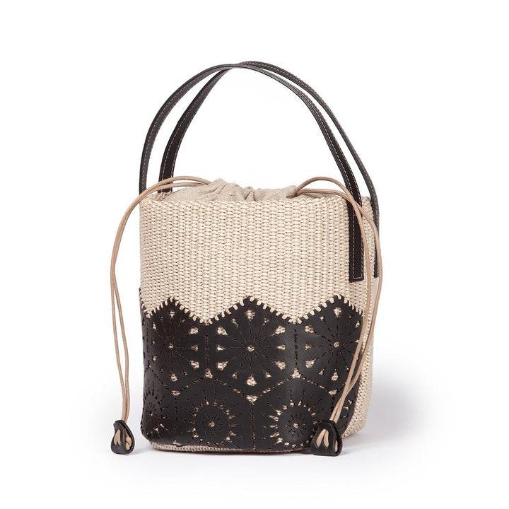 Roberta Gandolfi Giulia Bucket in rafia e pelle il pannello tagliato al laser è interamente cucito a mano con tracolla staccabile Promozione Limitata