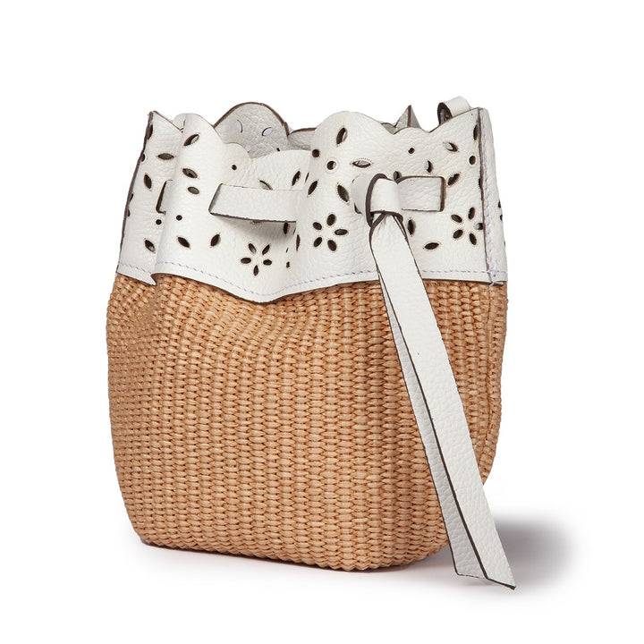 Roberta Gandolfi Diletta Mini Bucket in rafia con balza in pelle laserata con tracolla staccabile Vendite Flash