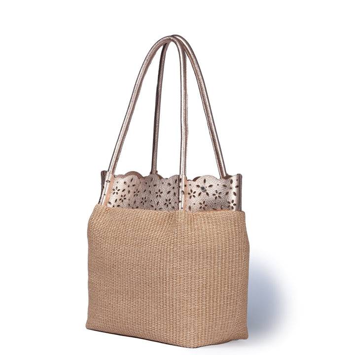 Roberta Gandolfi Diletta Shopping - Tote in rafia con balza in pelle laserata con tracolla staccabile Negozio