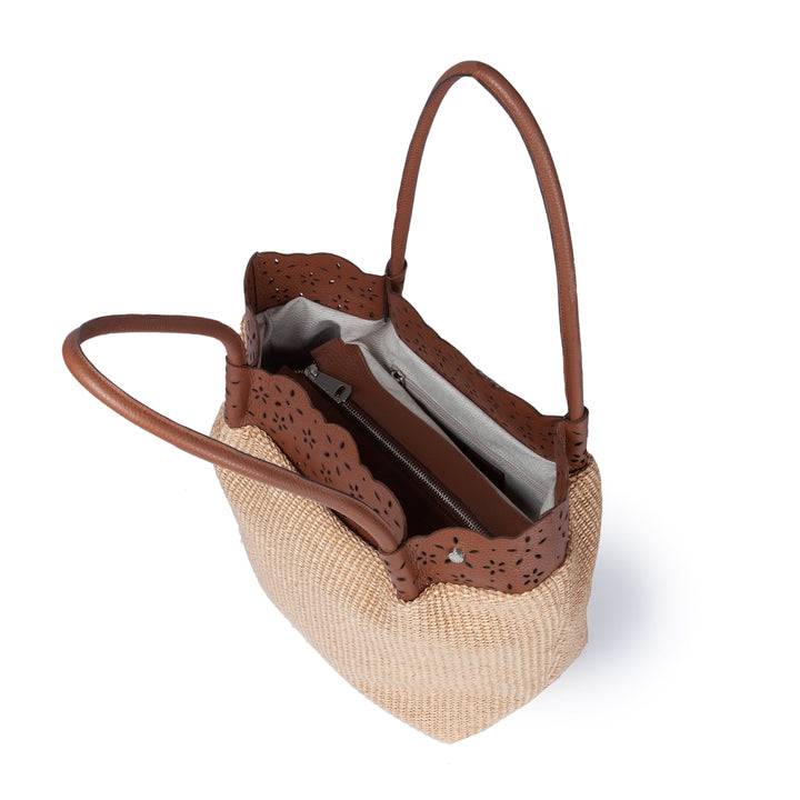 Roberta Gandolfi Diletta Shopping - Tote in rafia con balza in pelle laserata con tracolla staccabile Nuova