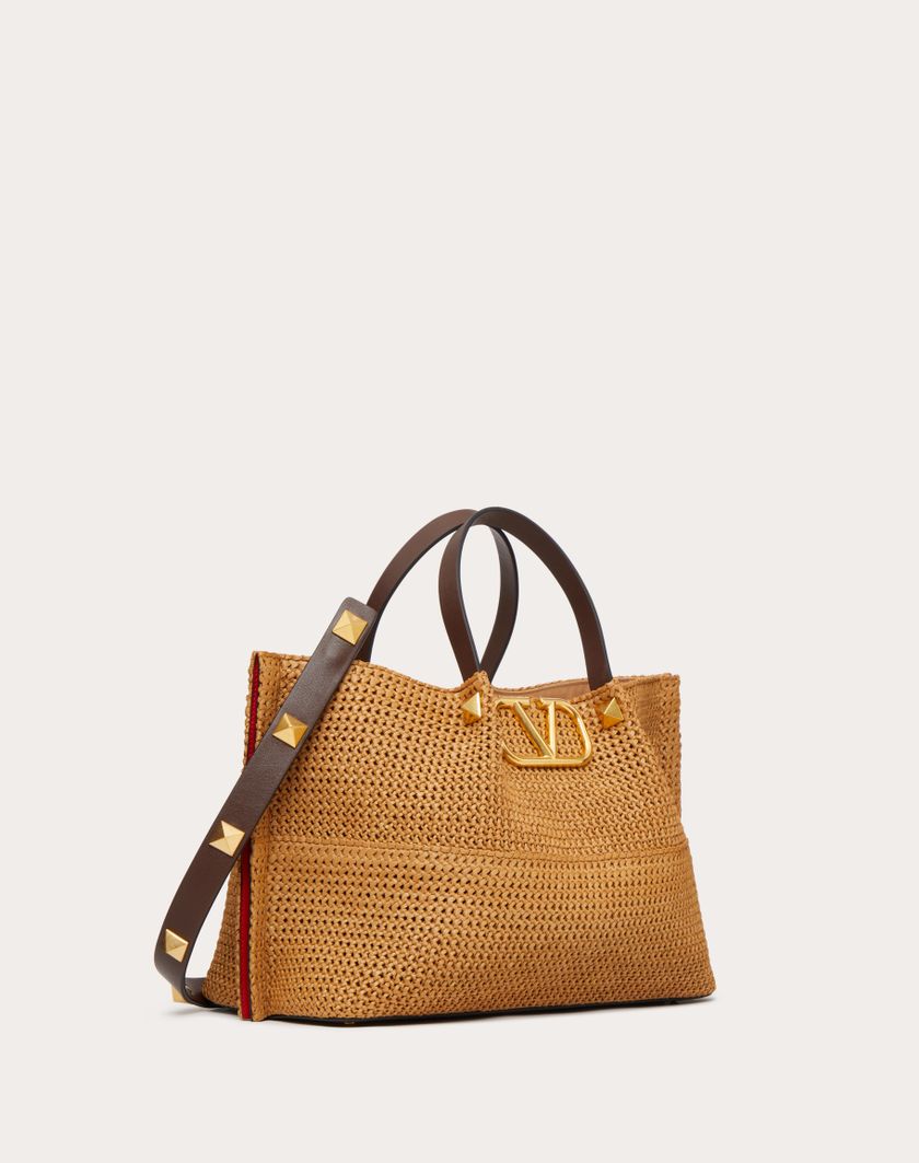 Valentino Handbags Borsa Shopping Media In Rafia Sintetica per Donna in Biscotto/cioccolato | Valentino IT Sottocosto