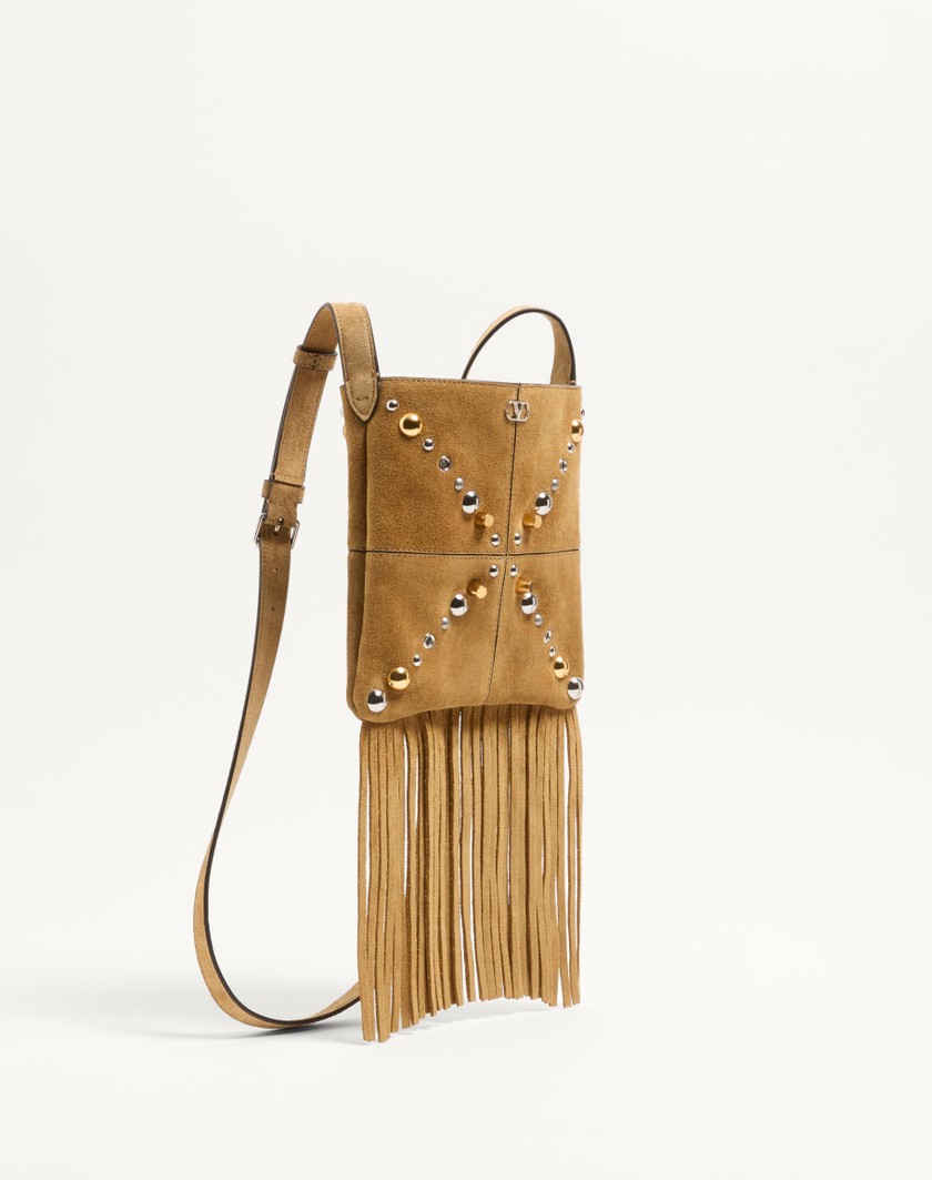 Valentino Handbags Borsa A Spalla Piccola Valentino Garavani Nellcôte In Suede Con Frange per Donna in Havana Beige | Valentino IT Vendita Calda