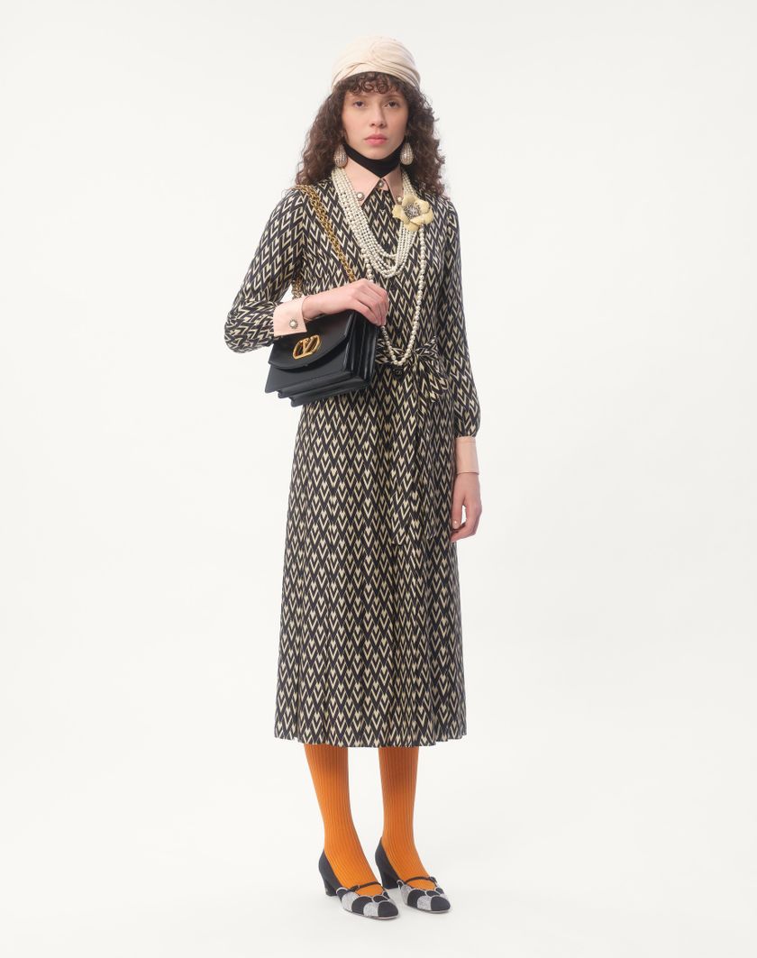 Valentino Handbags Abito Midi In Twill Toute La V per Donna in Nero/avorio | Valentino IT Saldi Di Fabbrica