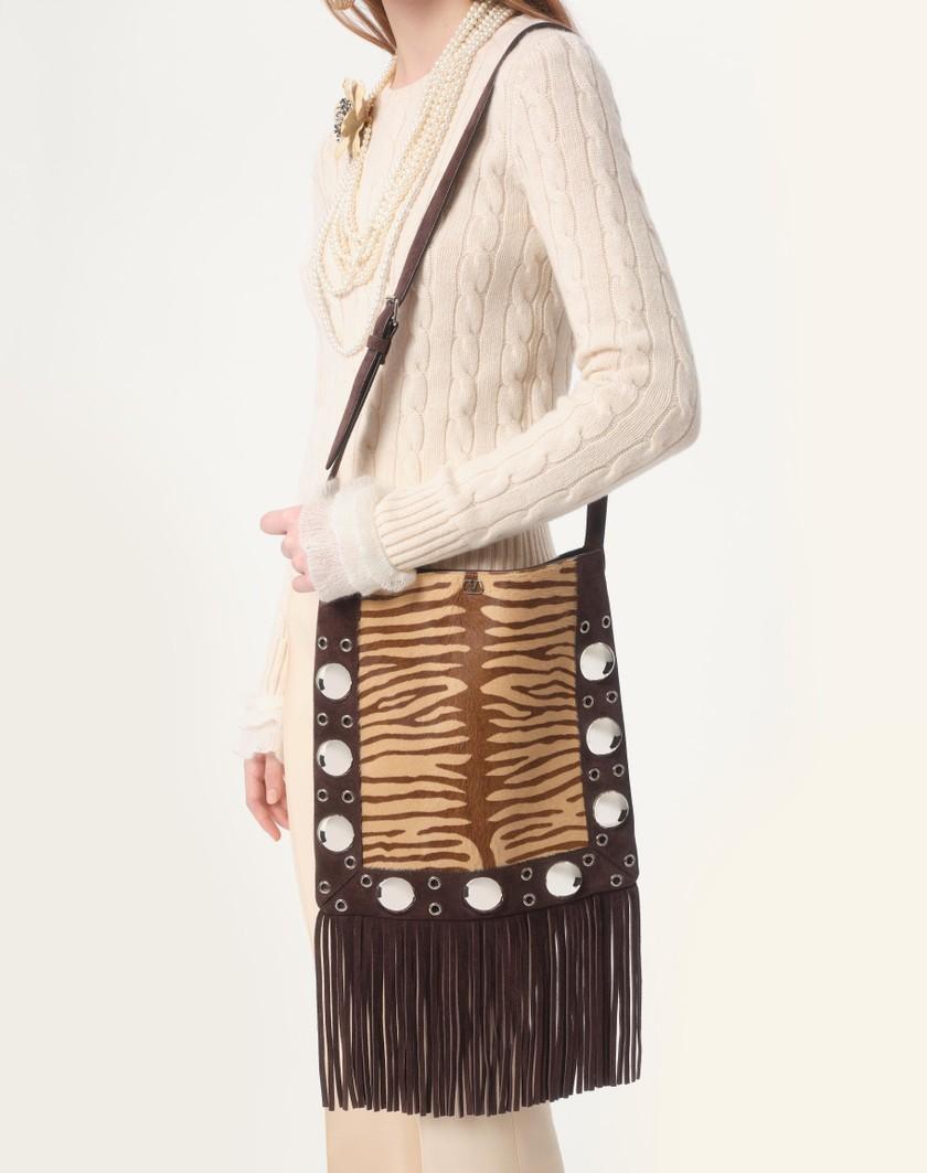 Valentino Handbags Borsa A Spalla Valentino Garavani Nellcôte In Vitello Effetto Pony Animalier Con Frange per Donna in Beige/marrone | Valentino IT In Saldo