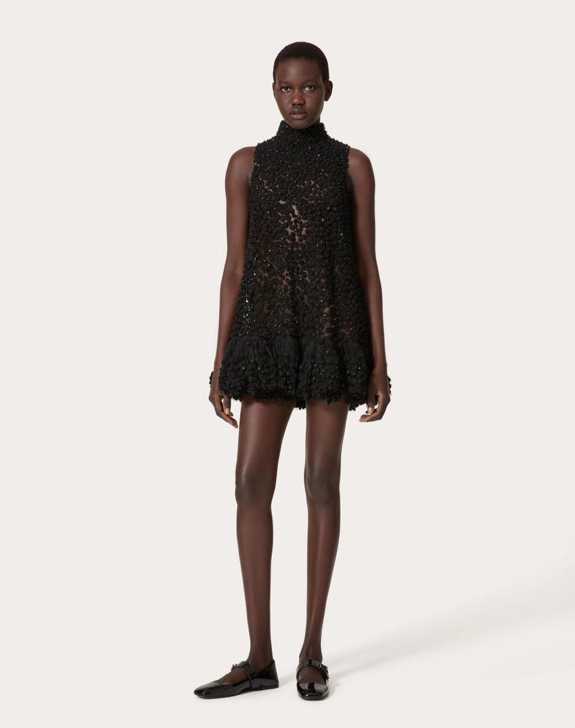 Valentino Handbags Abito Corto In Tulle Illusione Ricamato per Donna in Nero | Valentino IT Vendite Flash