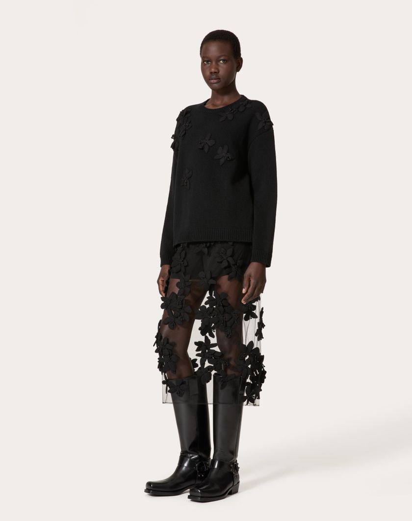 Valentino Handbags Gonna Midi In Tulle Illusione Ricamata per Donna in Nero | Valentino IT Italy