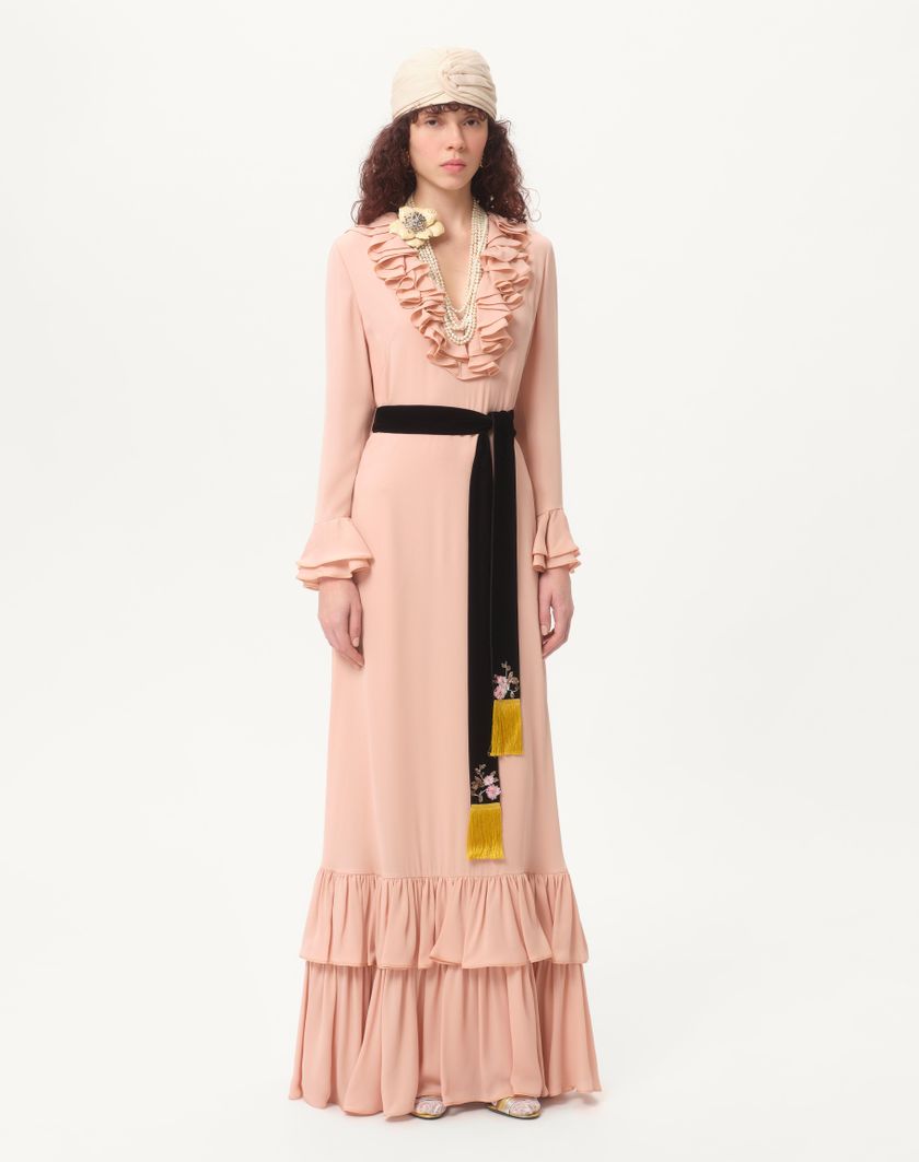 Valentino Handbags Abito Lungo In Georgette Ricamato per Donna in Rose Mist | Valentino IT Saldi Di Fabbrica