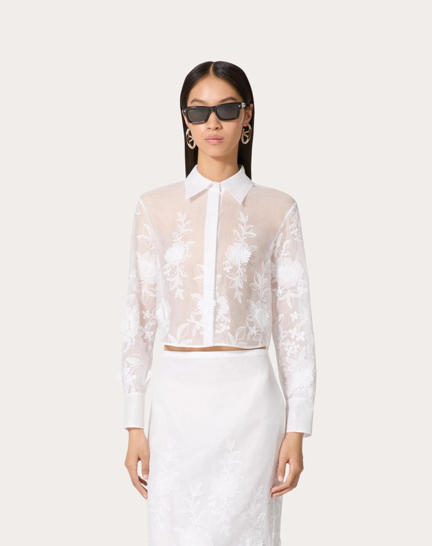 Valentino Handbags Camicia In Camellia Organdis per Donna in Avorio | Valentino IT Vendite Flash