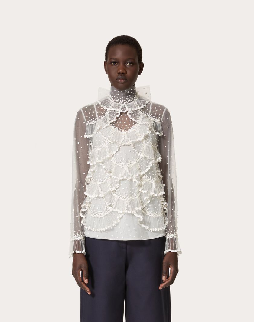 Valentino Handbags Top In Tulle Illusione Ricamato per Donna in Avorio | Valentino IT In Saldo