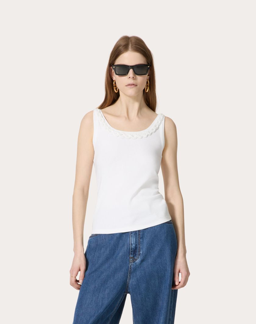 Valentino Handbags Top In Cotton Rib Ricamato per Donna in Bianco | Valentino IT Offerta per la Festa della Mamma