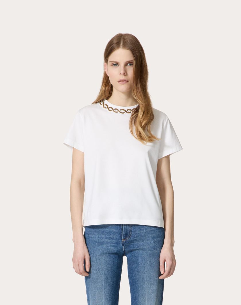 Valentino Handbags T-shirt In Cotton Jersey Ricamata per Donna in Bianco | Valentino IT Ritorno libero