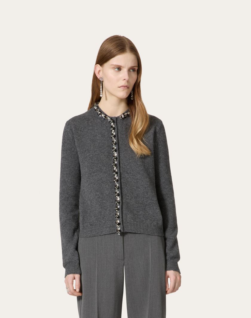 Valentino Handbags Cardigan In Lana Ricamato per Donna in Grigio Scuro | Valentino IT Officina