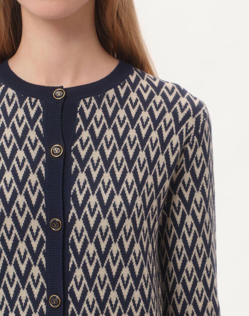 Valentino Handbags Cardigan In Lana Jacquard Toute La V per Donna in Crema/navy | Valentino IT Nuovo