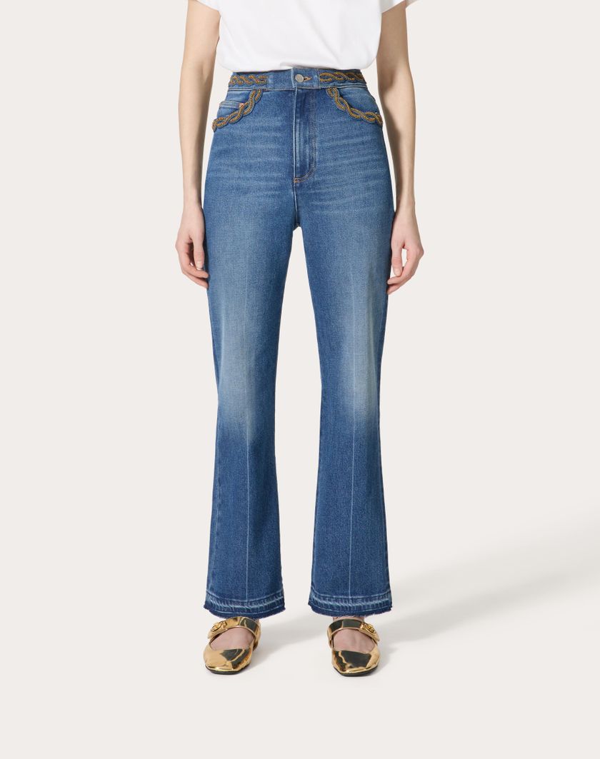 Valentino Handbags Pantaloni In Blu Medio Con Riserva Ricamati per Donna in Denim | Valentino IT Spedizione Gratuita