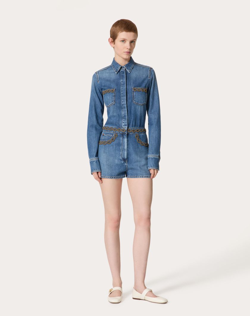 Valentino Handbags Tuta In Denim Blu Medio Ricamata per Donna in Denim | Valentino IT Qualità Garantita