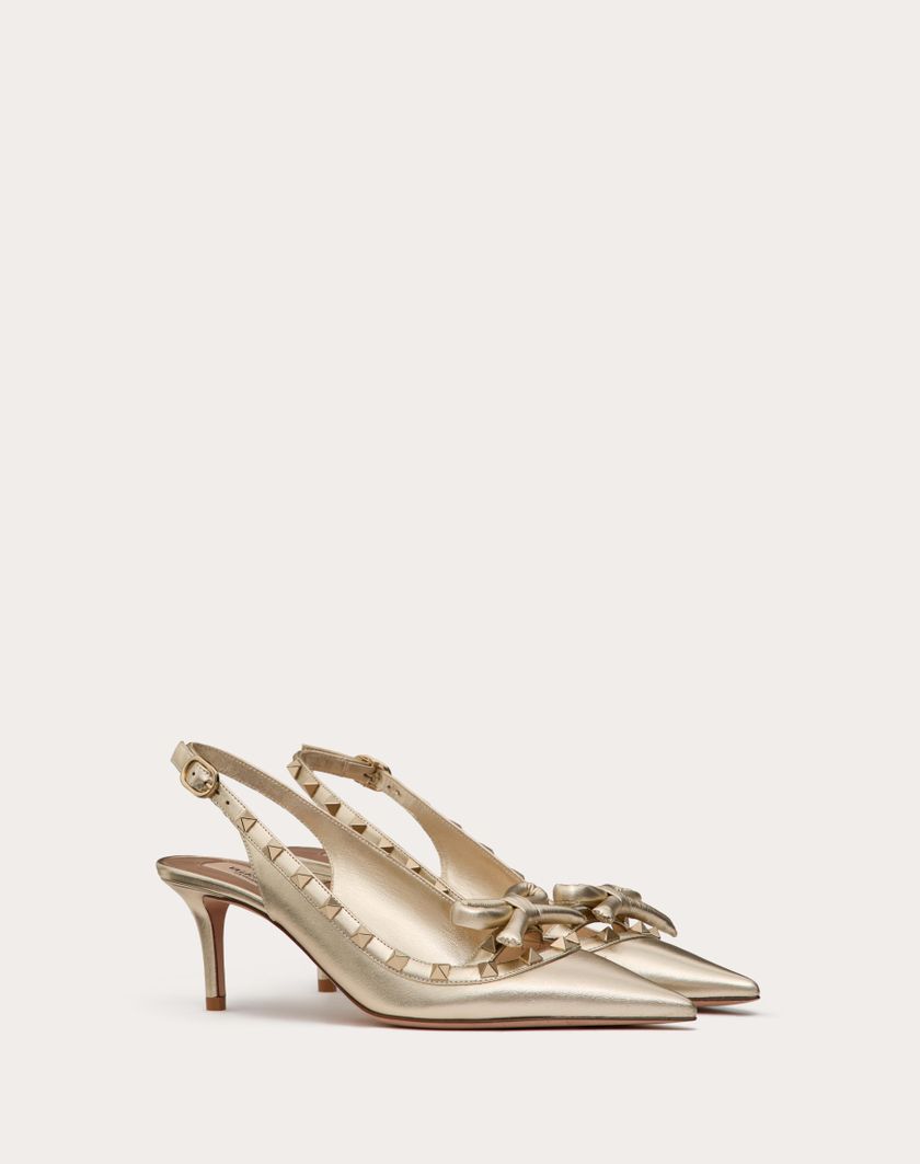 Valentino Handbags Décolleté Slingback Rockstud Bow In Nappa Laminata E Borchie In Tono 60mm per Donna in Platino | Valentino IT Vendita Calda