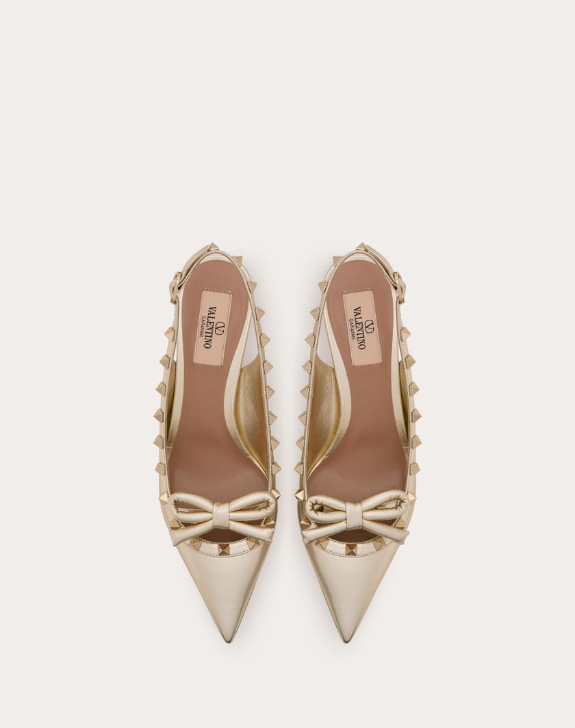 Valentino Handbags Décolleté Slingback Rockstud Bow In Nappa Laminata E Borchie In Tono 60mm per Donna in Platino | Valentino IT Vendita Calda