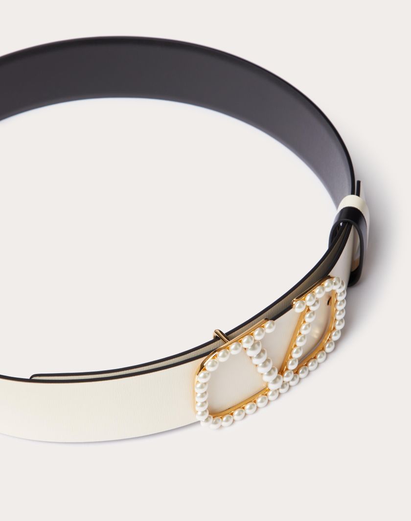 Valentino Handbags Cintura Reversibile Vlogo Signature In Vitello Lucido Con Perle 40 Mm per Donna in Nero/light Ivory | Valentino IT Officina