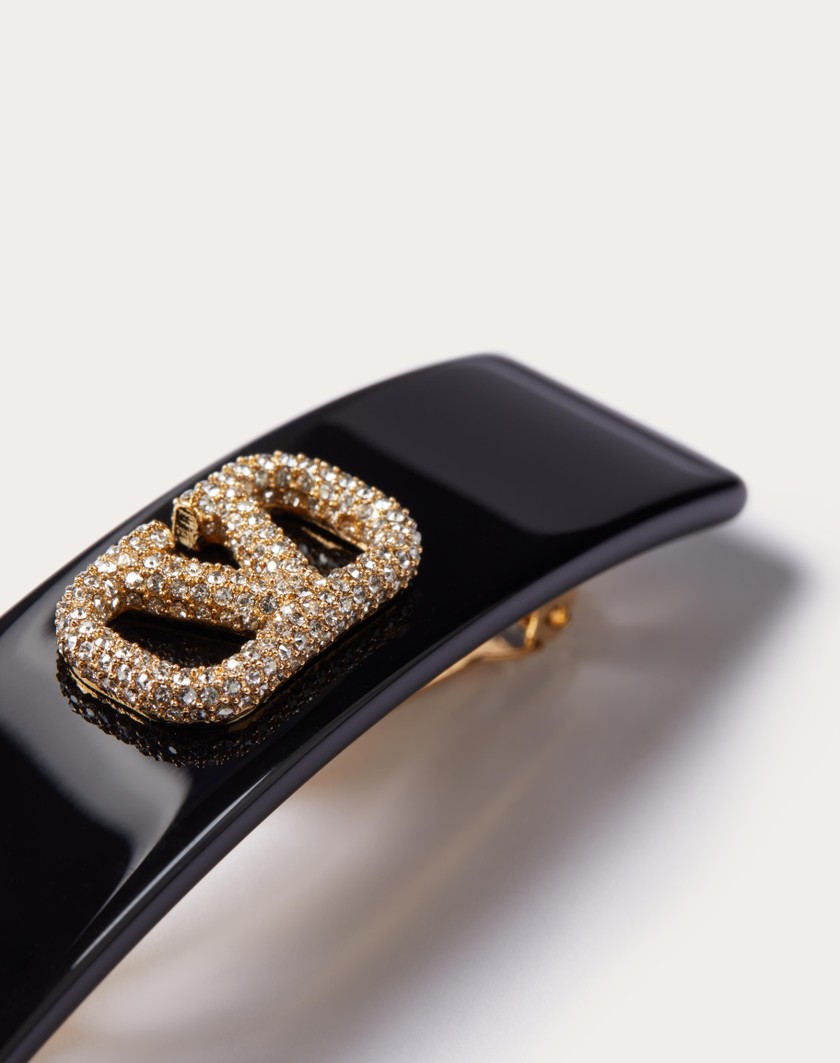 Valentino Handbags Fermaglio Per Capelli Vlogo Signature In Metallo Resina E Cristalli Swarovski® per Donna in Nero/oro/crystal | Valentino IT Sottocosto