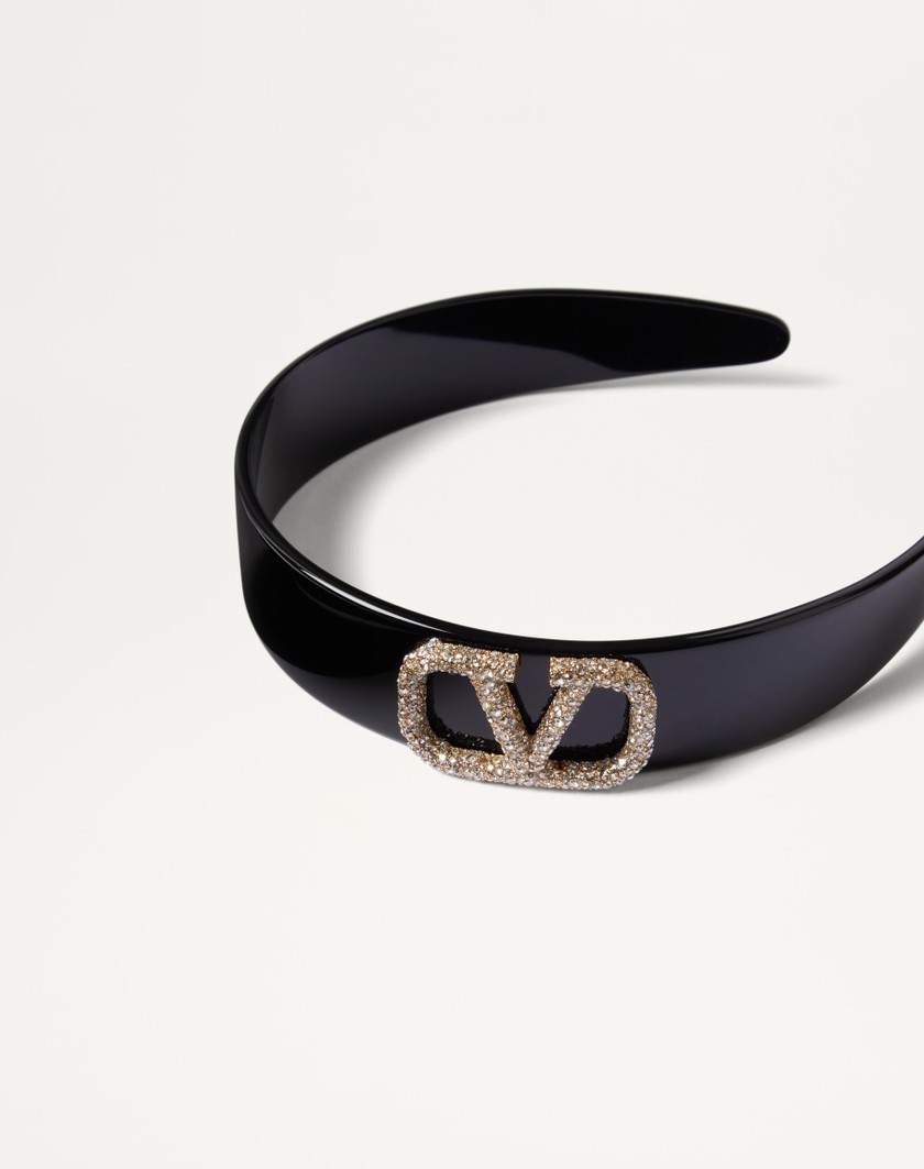 Valentino Handbags Cerchietto Vlogo Signature In Resina Metallo E Cristalli Swarovski® per Donna in Nero/oro/crystal | Valentino IT Novità