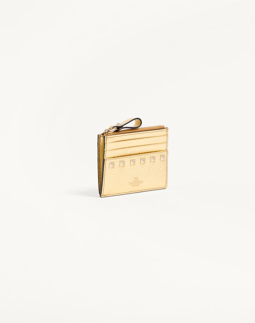 Valentino Handbags Portacarte Con Zip Rockstud In Vitello Granato Laminato per Donna in Antique Brass | Valentino IT Saldi Di Fabbrica
