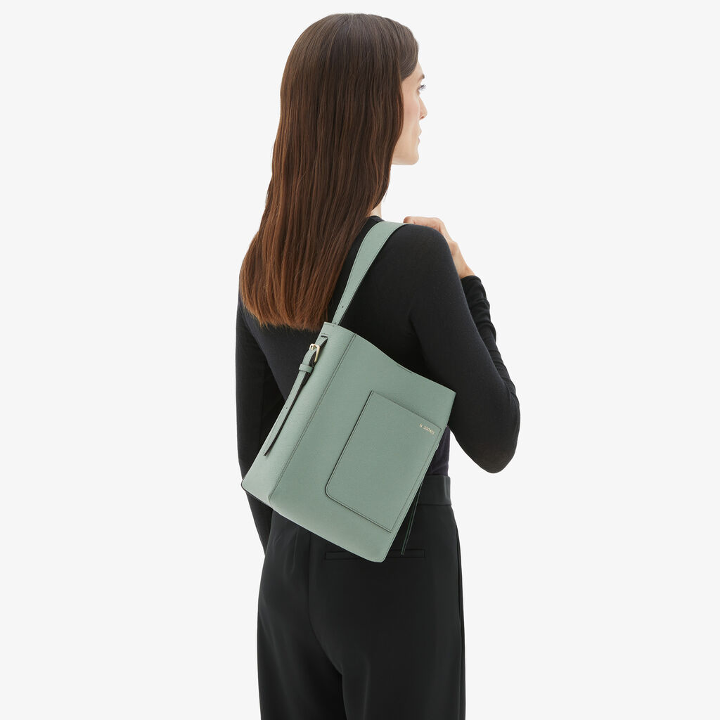 Valextra Borsa a Secchiello Soft Mini | Pelle di vitello Millepunte | Verde Eucalipto | Valextra Prezzo Ridotto