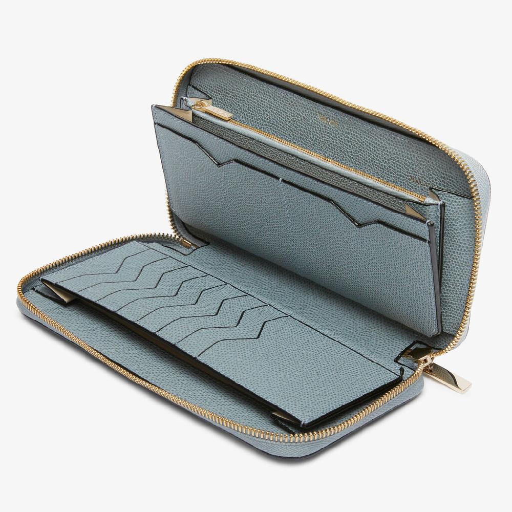 Valextra Portafoglio da Donna di Lusso in Pelle Azzurra | Valextra Zip Around Vendita Calda
