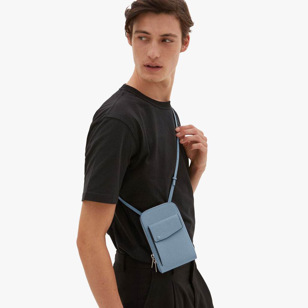 Valextra Porta telefono in Pelle Azzurra con tracolla | Valextra Pocket Qualità Garantita