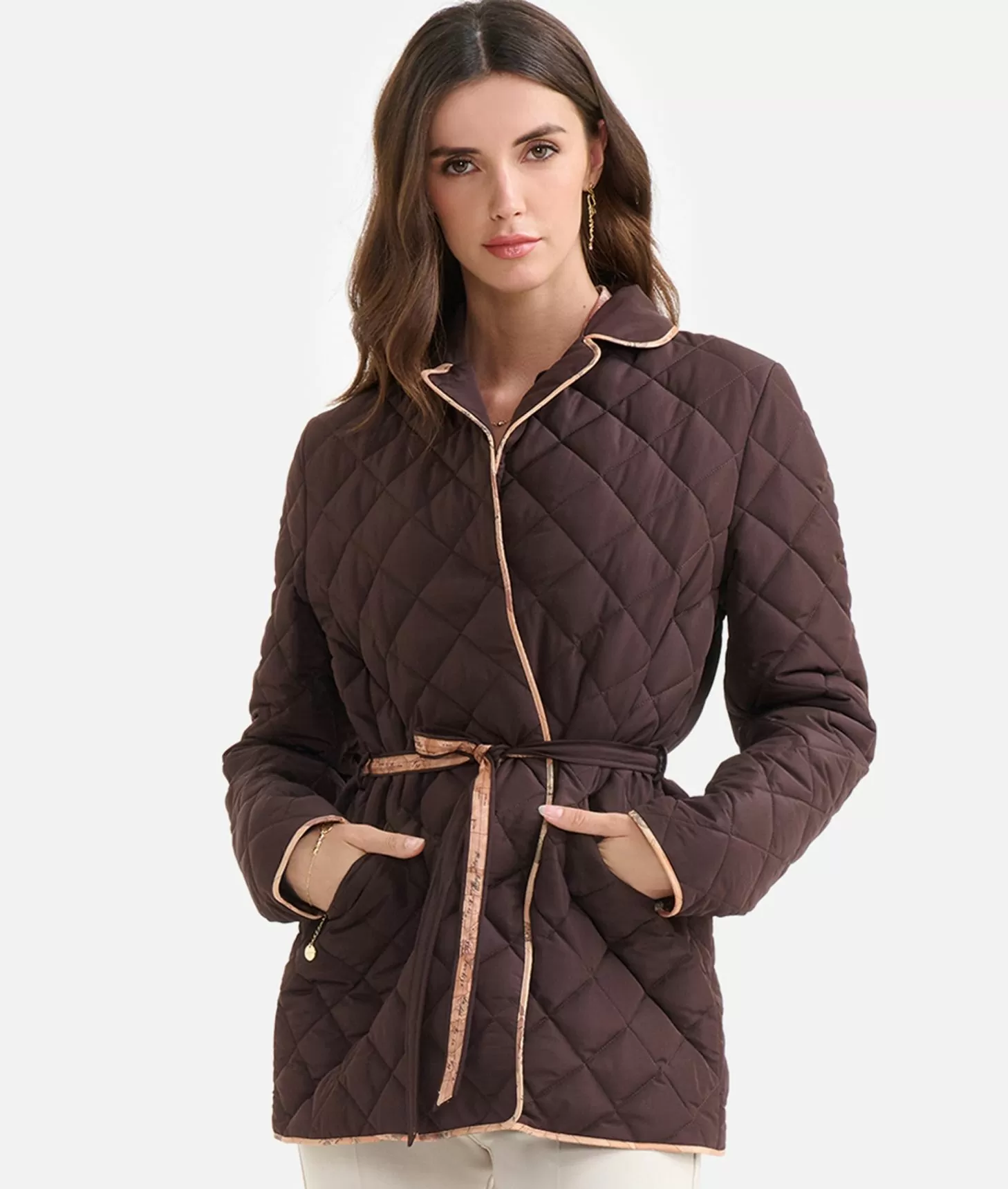 Alviero martini 1a classe Giacca imbottita con cintura in nylon Cioccolato Nuova
