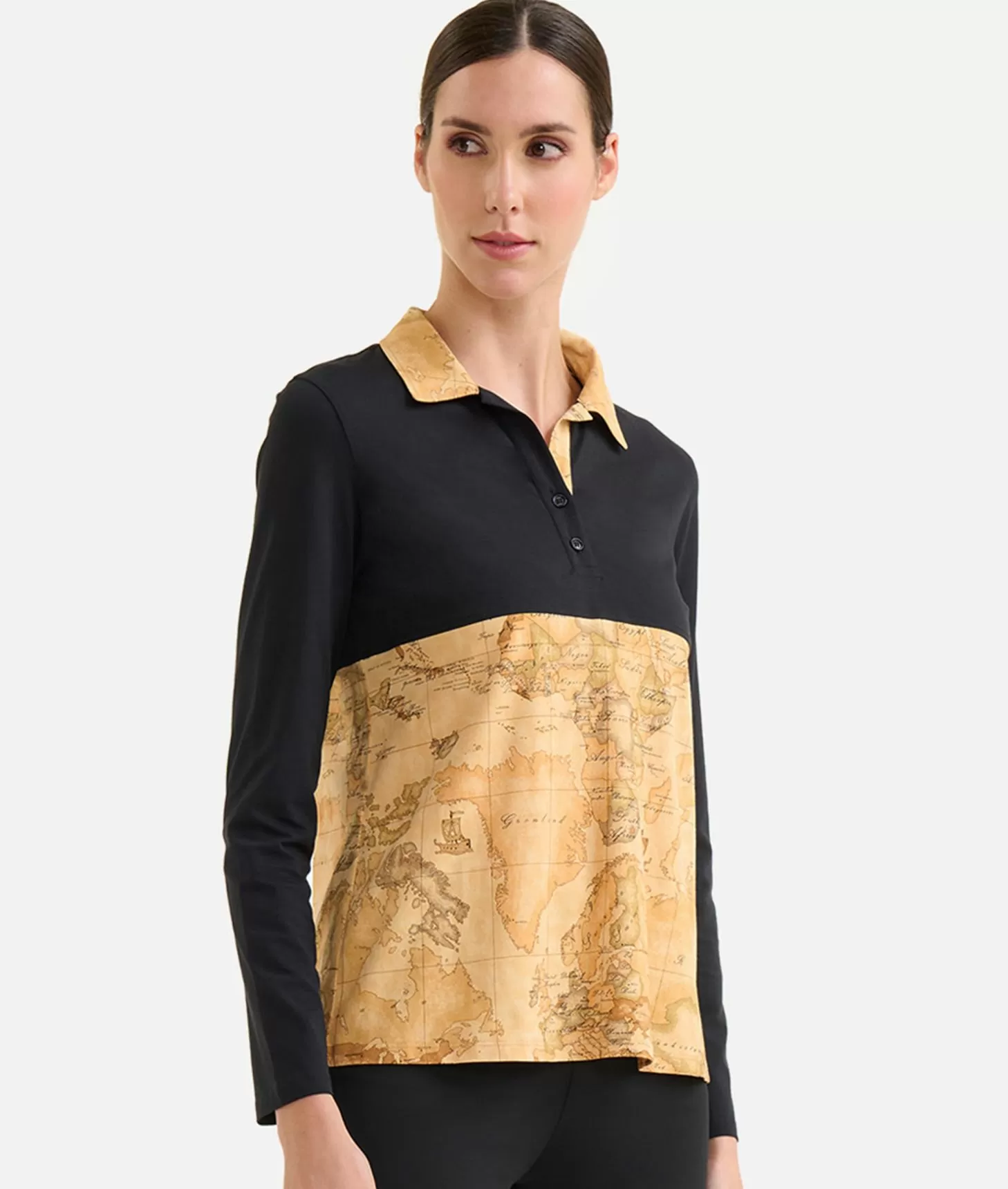 Alviero martini 1a classe Polo bimaterica a maniche lunghe in jersey di cotone stretch Nera Ultimo giorno