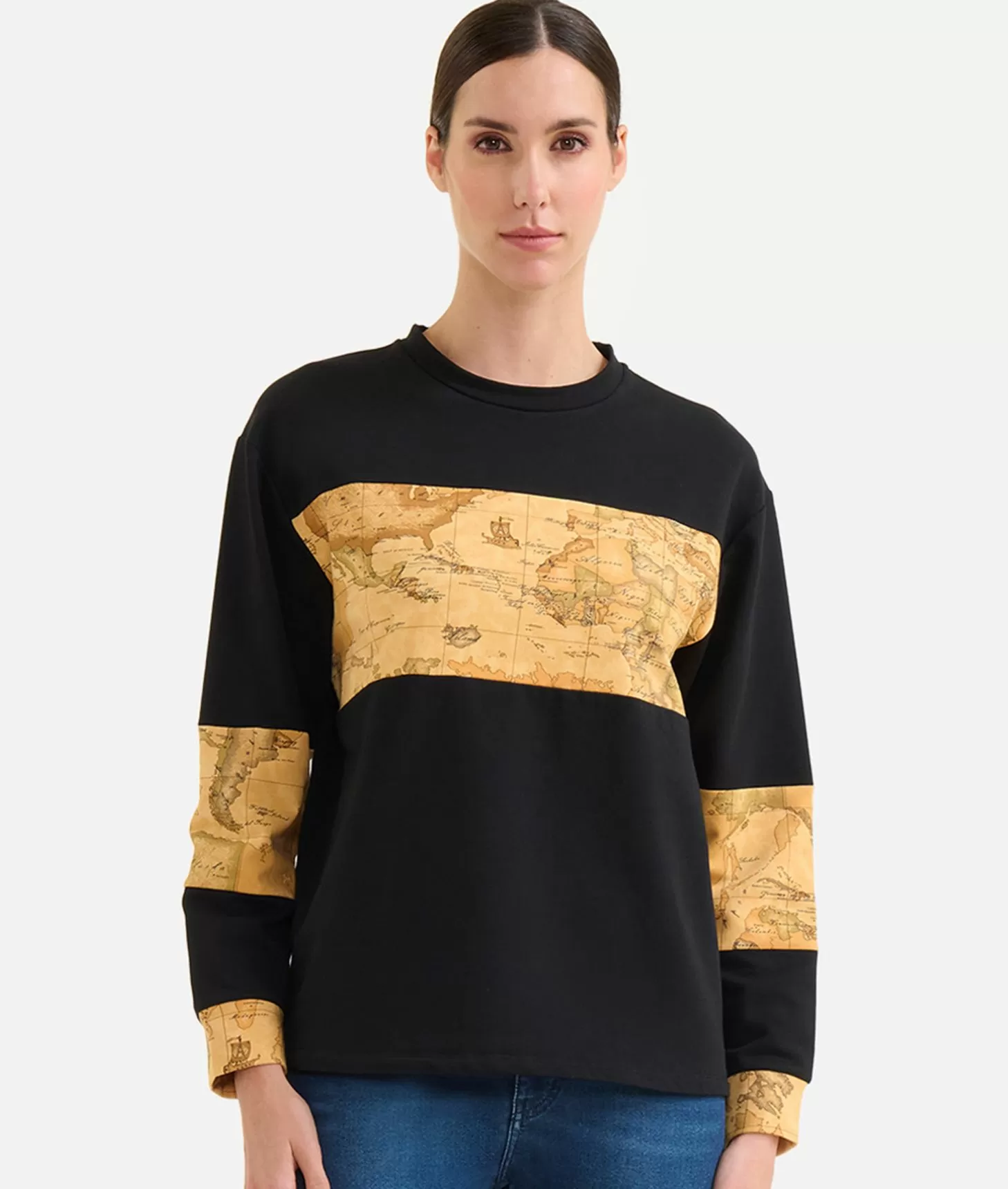 Alviero martini 1a classe Felpa in cotone garzato stretch con inserti Geo Classic Nera Fino al 65% di sconto