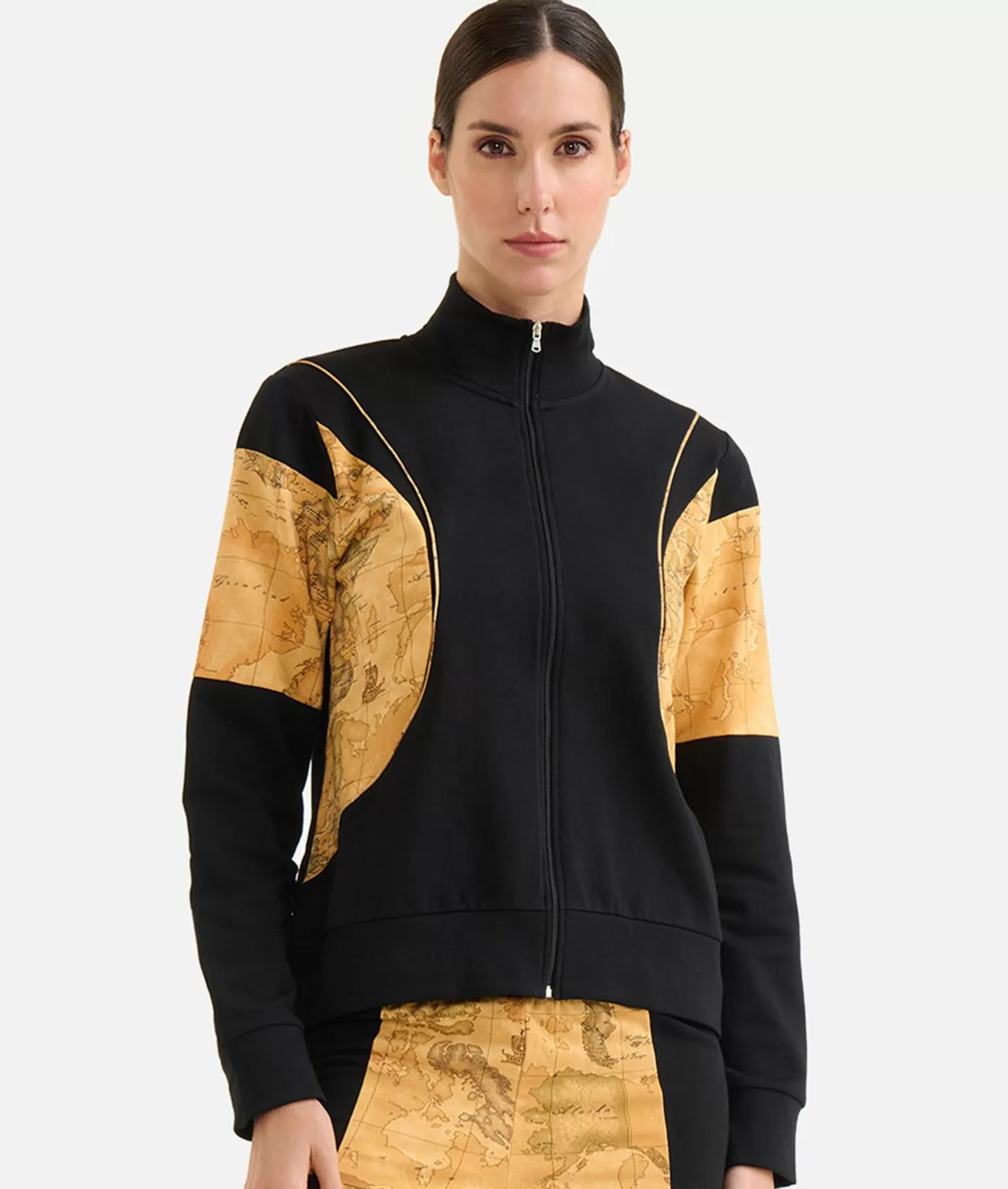 Alviero martini 1a classe Felpa con zip in cotone garzato stretch con inserti Geo Classic Nera Offerta speciale della fabbrica